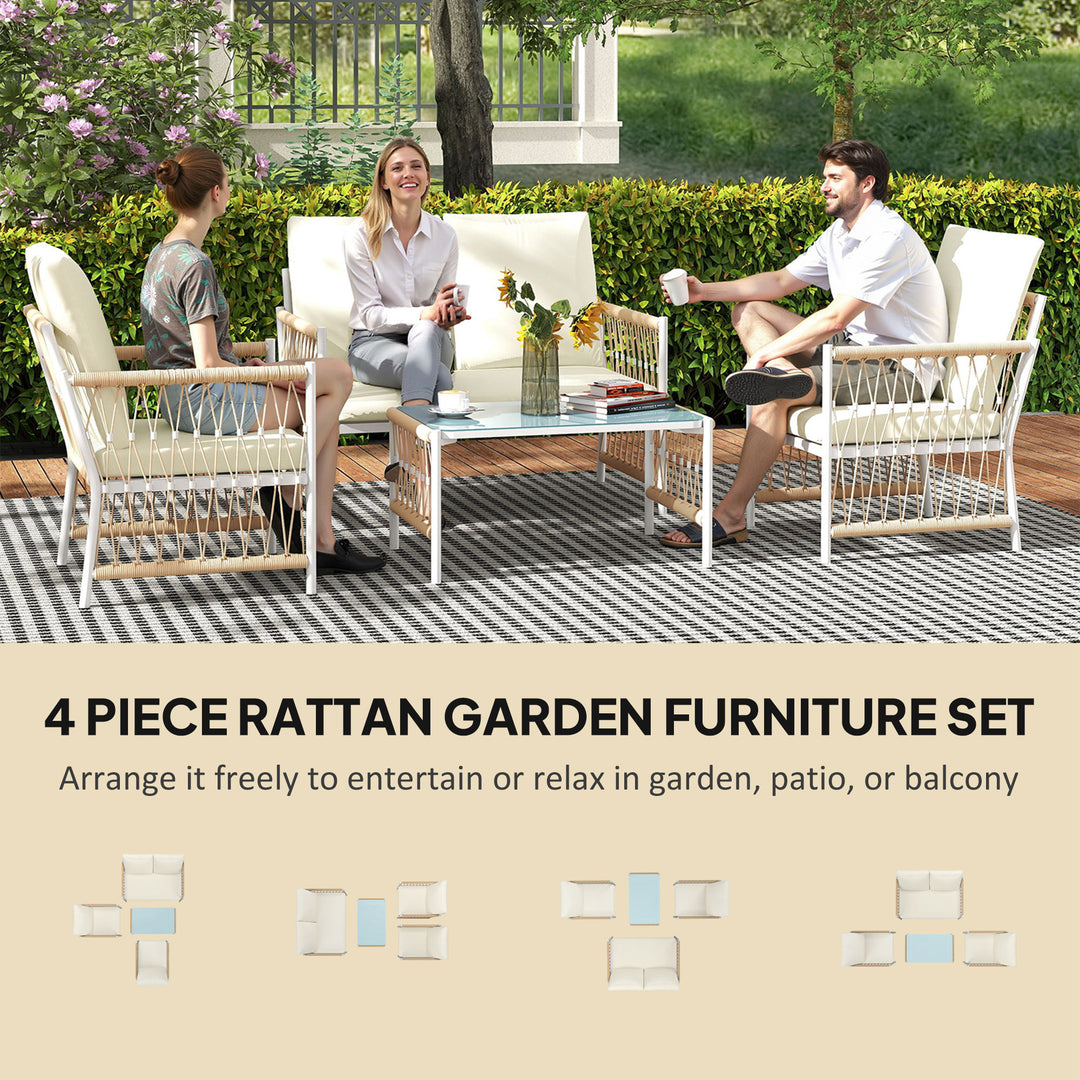 4 Piece Rattan Garden Furniture Set, 4 Seater Wicker Patio Conversation Set with 2 Armchairs, Loveseat, Glass Top Coffee Table and Cushions for Outdoor, Balcony, Khaki