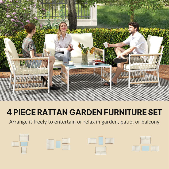 4 Piece Rattan Garden Furniture Set, 4 Seater Wicker Patio Conversation Set with 2 Armchairs, Loveseat, Glass Top Coffee Table and Cushions for Outdoor, Balcony, Khaki