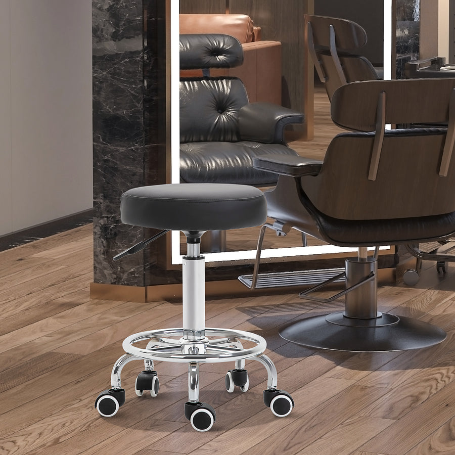 Round Rolling Stool, PU Leather Height Adjustable Stool Chair with Wheels and Swivel Seat for Salon, Massage, Spa, Home Kitchen, Black