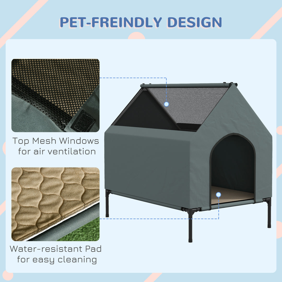 Dog House Outdoor Elevated Dog Bed with Removable Cover, Mesh Windows, Storage Bag, for S and M-Sized Dogs