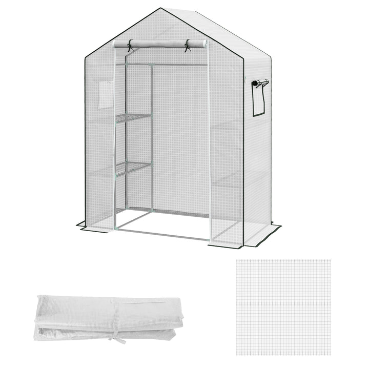 Outsunny Greenhouse Cover Replacement Walk-in PE Hot House Cover with Roll-up Door and Windows, 140 x 73 x 190cm, White | Aosom UK