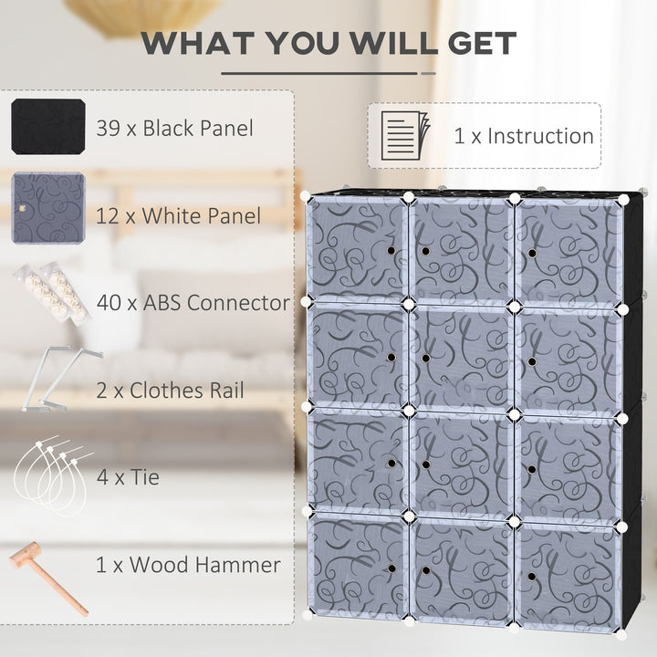 Portable Wardrobe for Bedroom, 12 Cube Closet with 2 Hanging Rails, Modular Storage Cabinet, Plastic Armoire for Space Saving, White and Black