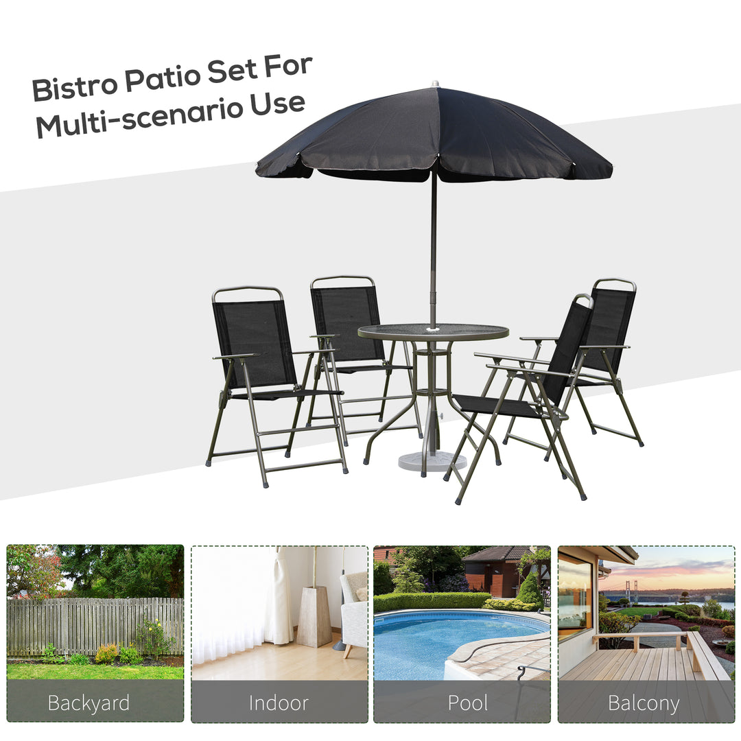 MCL 6 Piece Garden Dining Set with Umbrella, Patio Sets with Parasol with 4 Folding Dining Chairs & Round Tempered Glass Table, Black