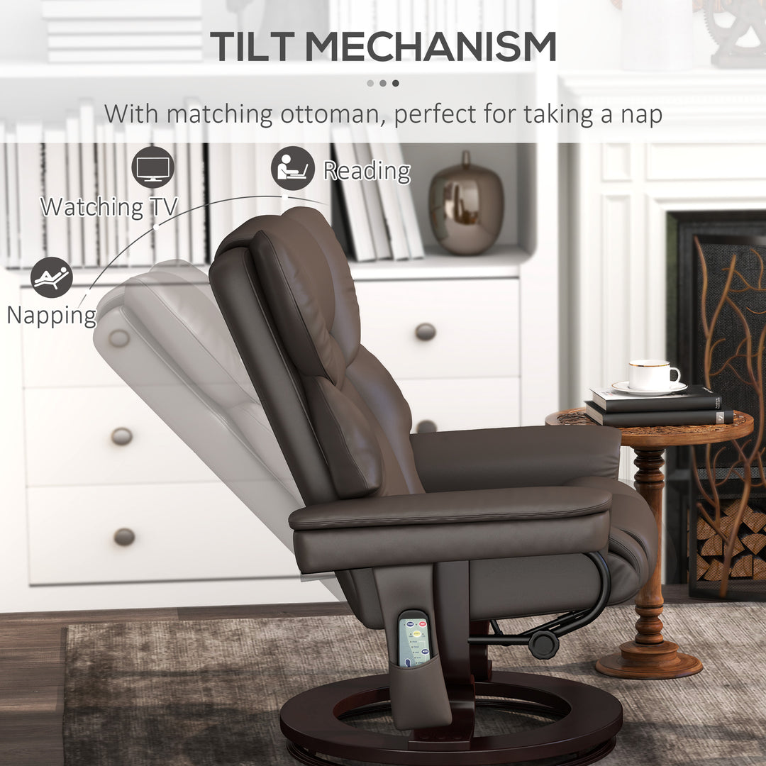 Massage Recliner Chair with Footstool, Upholstered Reclining Armchair with Adjustable Backrest, Steel Frame and Wood Base, Swivel Chair for Living Room, Bedroom, Brown