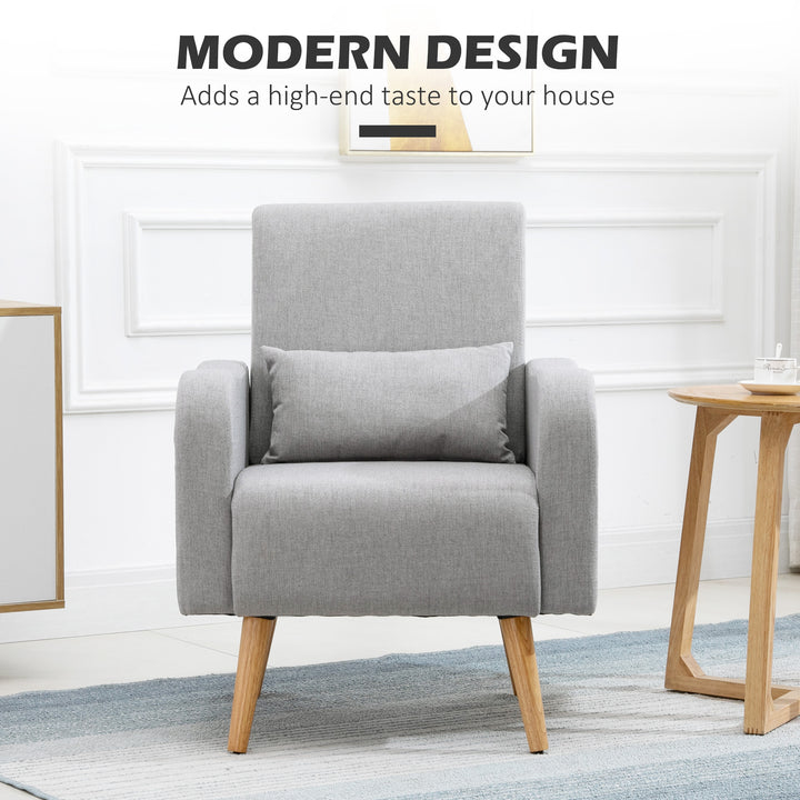 Accent Chair, Linen-Touch Armchair with Pillow, Upholstered Leisure Lounge Sofa for Living Room, Club Chair with Rubber Wooden Frame, Grey