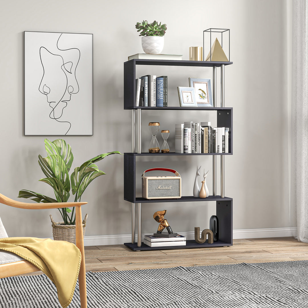 S Shape Bookcase, 5 Tiers Bookshelf, Modern Freestanding Storage Shelf for Home Office, Study, Living Room, 80 x 30 x 145cm Black