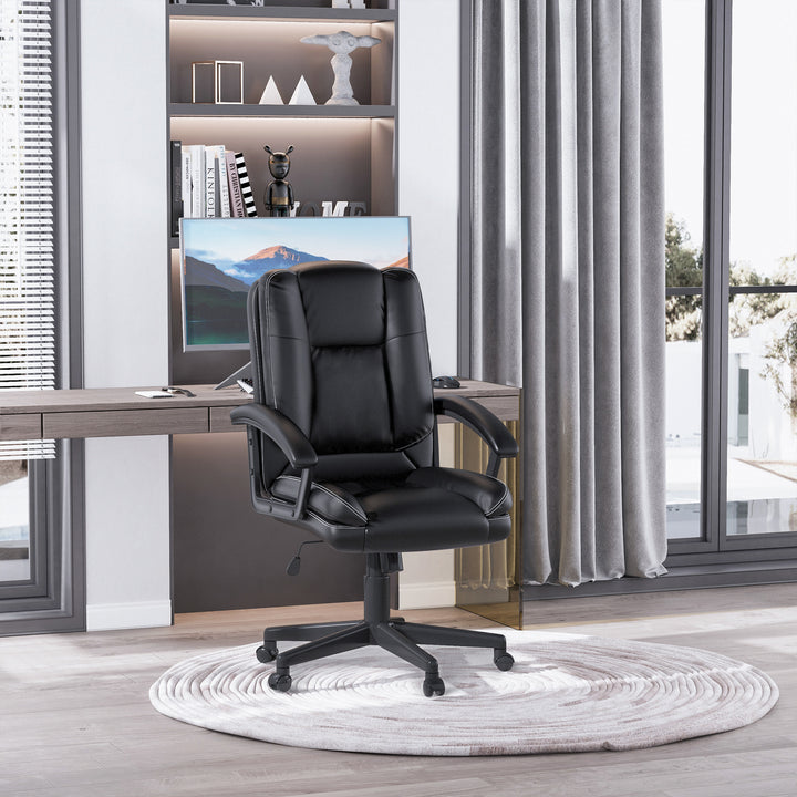 HOMCOM Swivel Executive Office Chair, Mid-Back Faux Leather Desk Chair with Double-Tier Padding, Arms, and Wheels, Black | Aosom UK