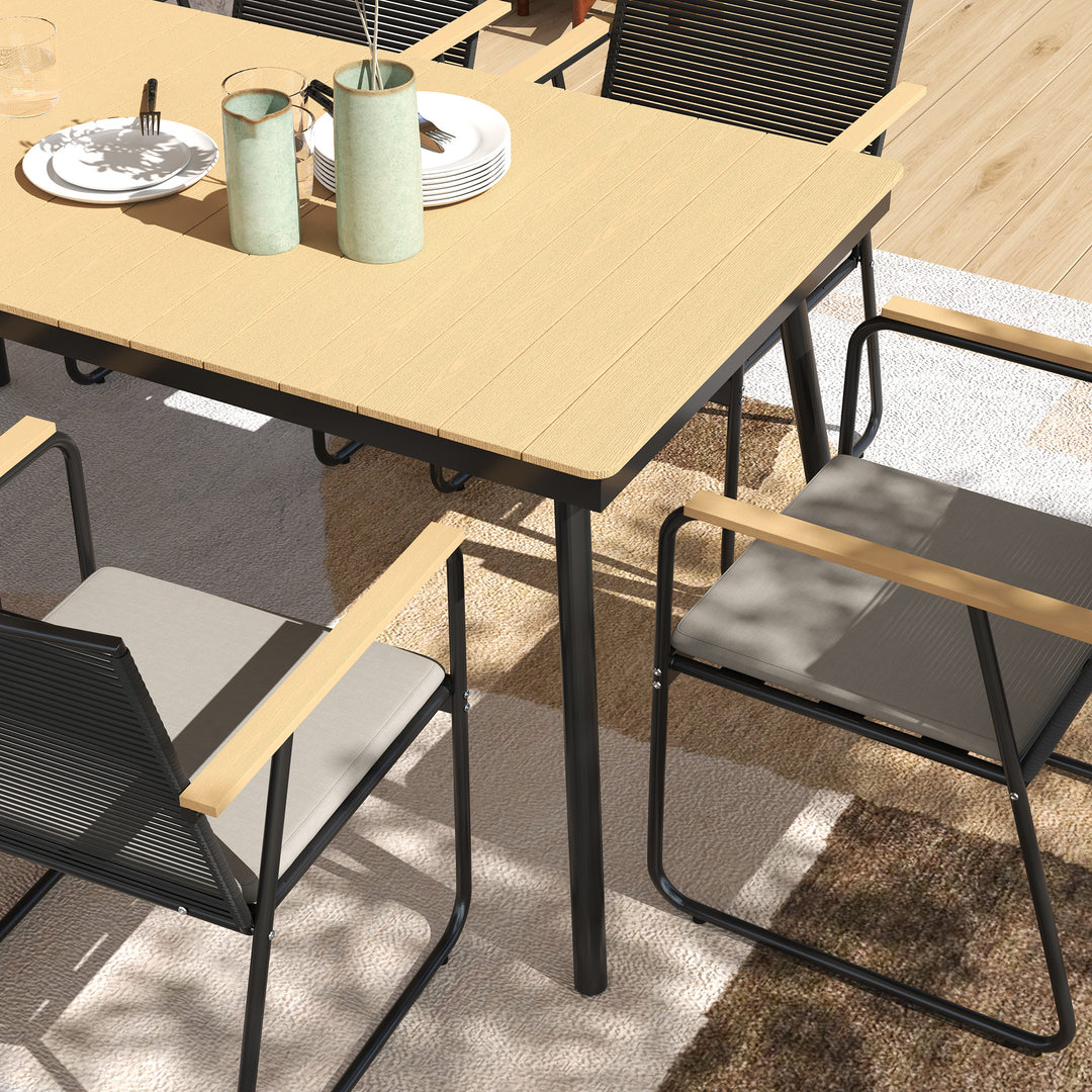 6 Seater Garden Dining Set with Soft Cushions, Rattan Backrest, Rectangular Plastic Top, Garden Furniture Set, Outdoor Dining Table and Chairs for Patio, Balcony, Poolside, Nature Wood Finish