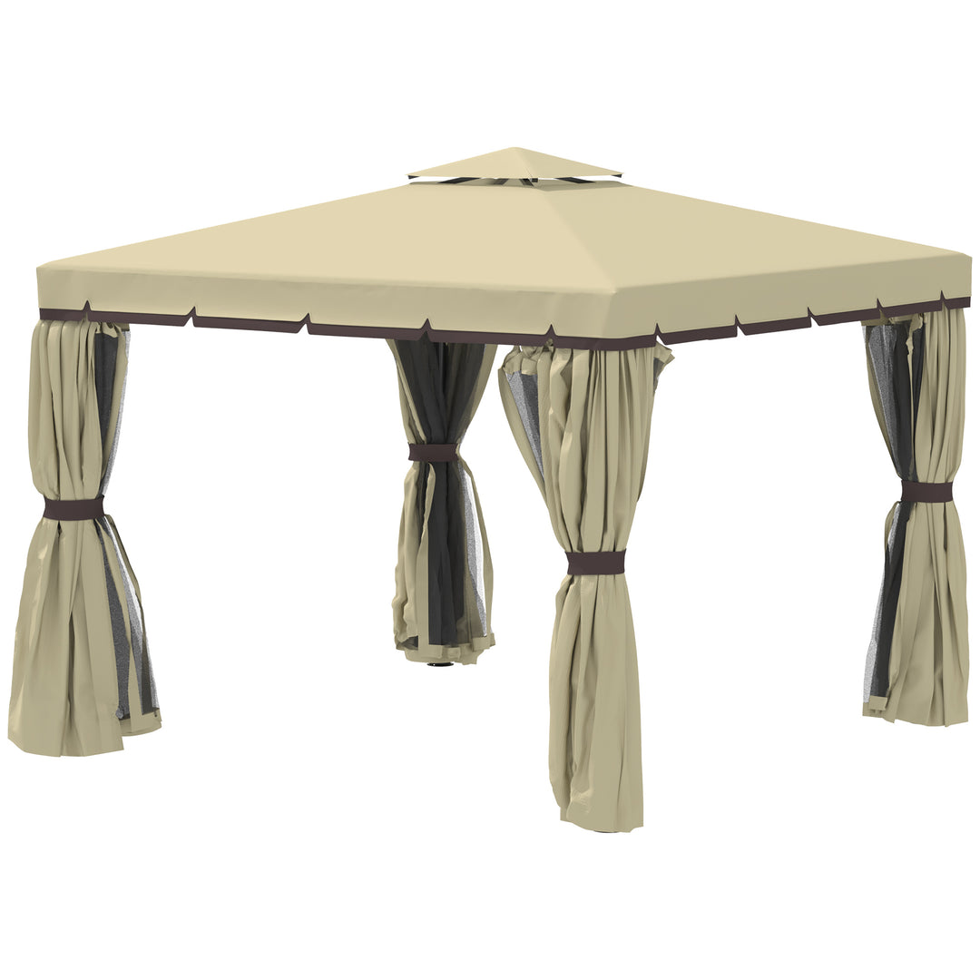 3 x 3(m) Patio Gazebo Canopy Garden Pavilion Tent Shelter with 2 Tier Water Repellent Roof, Mosquito Netting and Curtains, Aluminium Frame, Beige