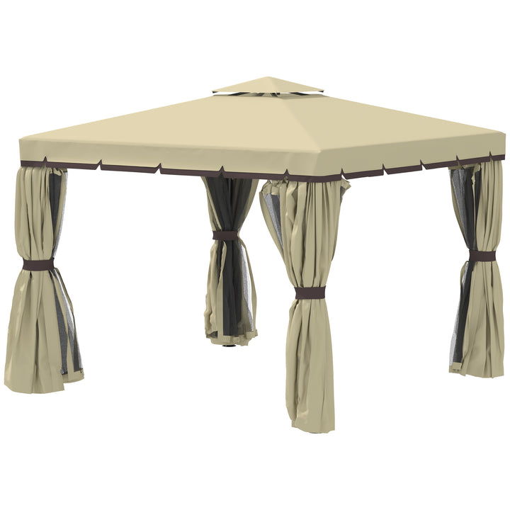 3 x 3(m) Patio Gazebo Canopy Garden Pavilion Tent Shelter with 2 Tier Water Repellent Roof, Mosquito Netting and Curtains, Aluminium Frame, Beige