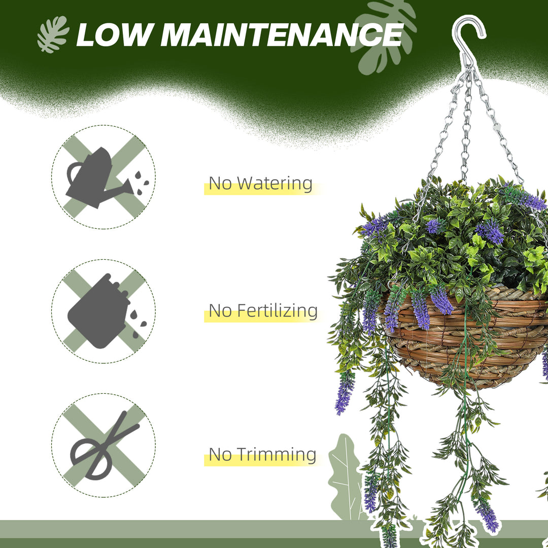 Set of 2 Decorative Artificial Plants, Faux Silk Lavender Flowers in Hanging Baskets, Fake Plants for Home Indoor Outdoor Decor, Purple