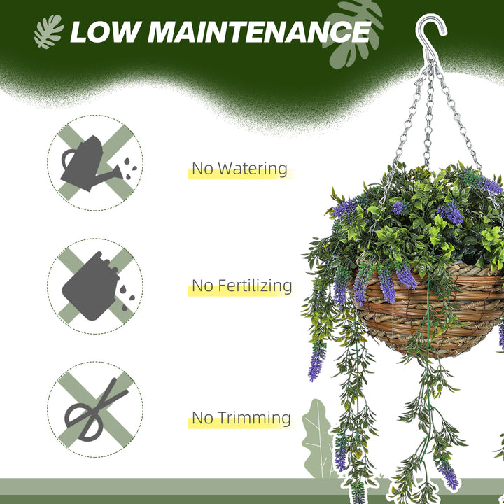Set of 2 Decorative Artificial Plants, Faux Silk Lavender Flowers in Hanging Baskets, Fake Plants for Home Indoor Outdoor Decor, Purple