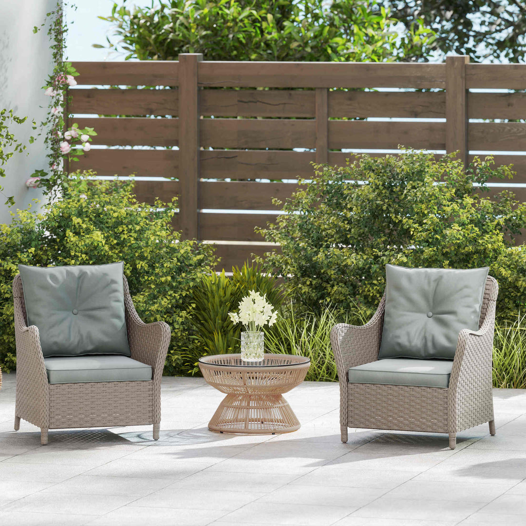 Rattan Garden Chairs Set of 2, Outdoor Rattan Chairs with Cushions, Armrests and High Back, PE Wicker Garden Armchair with Steel Frame for Balcony, Porch, Light Grey