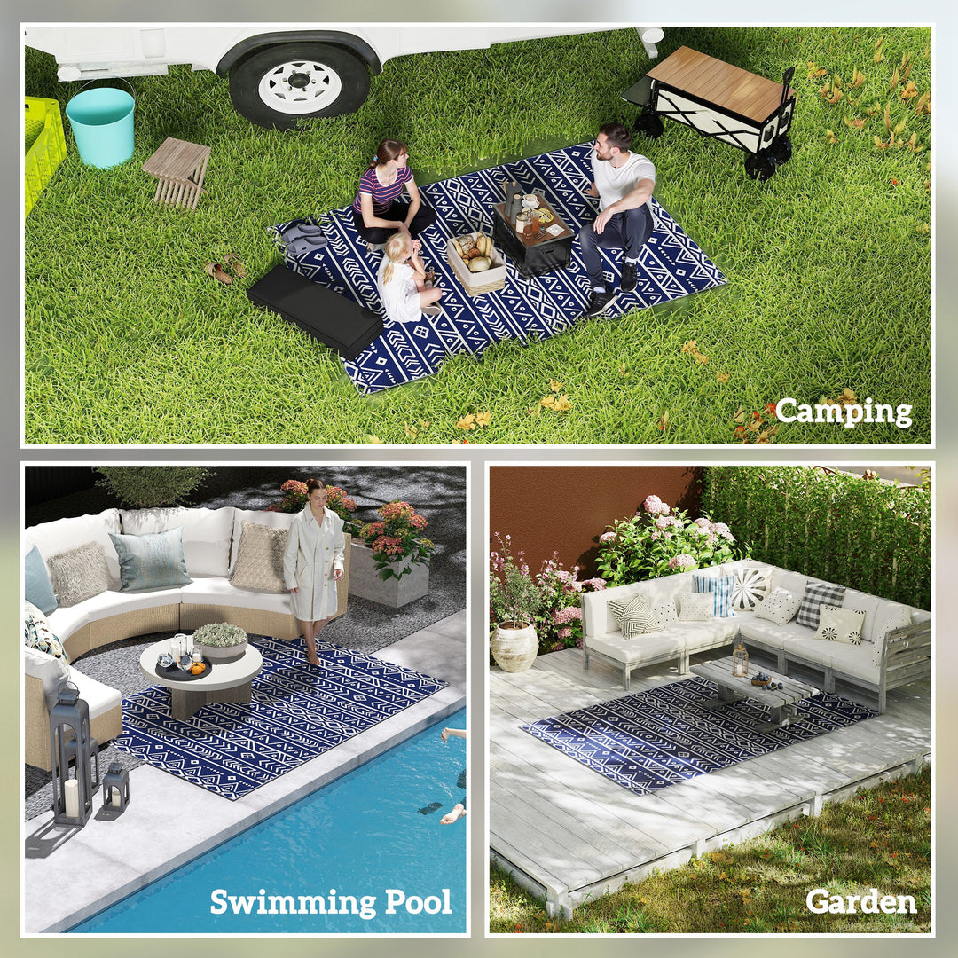 Reversible Outdoor Rug with Carry Bag, Waterproof Plastic Straw Mat for Garden, Deck, RV, Picnic, Beach, Camping, 182 x 274cm, Dark Blue and White