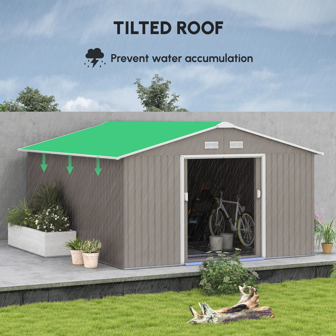 13 x 11ft Large Garden Shed, Mental Garden Storage Shed with Foundation Kit Ventilation & Doors, Light Grey