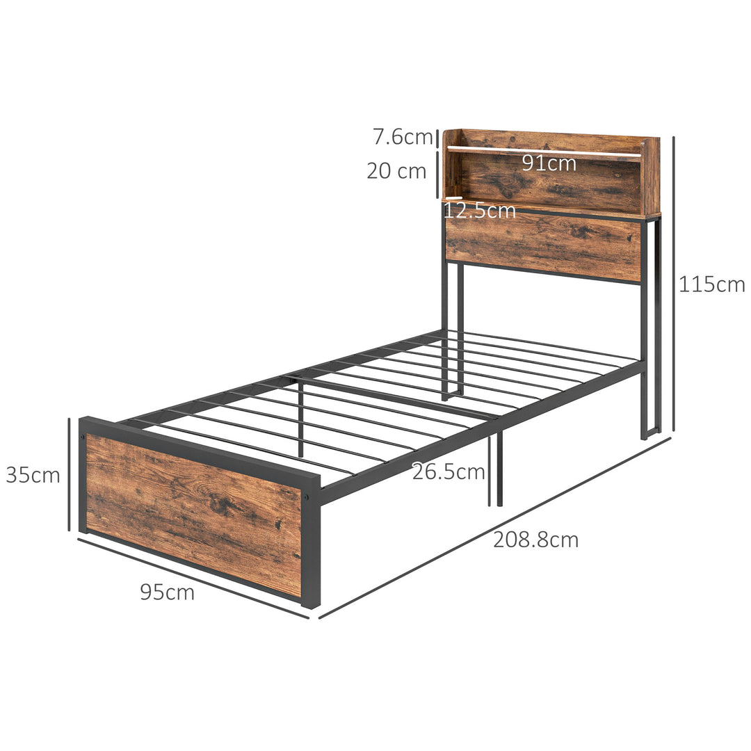 HOMCOM Industrial Single Bed Frame, 3.1FT Steel Bed Base w/ Storage Headboard, Footboard, Under Bed Storage, 95 x 209cm, Rustic Brown | Aosom UK