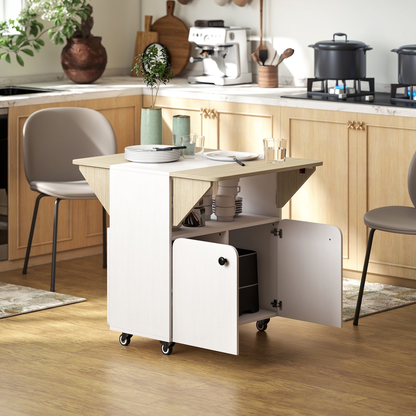 Folding Dining Table, Rolling Drop Leaf Table with Hidden Shelf & Cabi