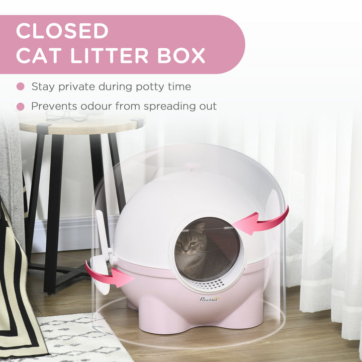 PawHut Hooded Cat Litter Box, Large Litter Tray with Lid, Scoop, Top Handle, and Front Entrance, 53 x 51 x 48cm, Pink | Aosom UK