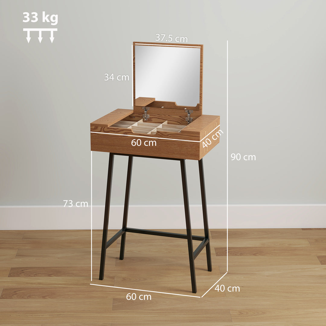 Vanity Desk with Flip-Up Mirror, Industrial Dressing Table with 16 Small Compartments for Bedroom, Natural Wood Effect