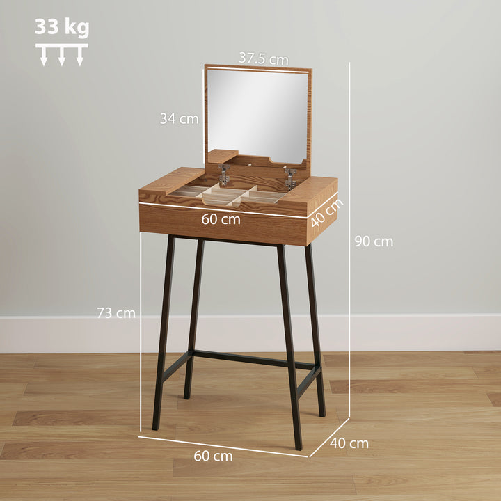 Vanity Desk with Flip-Up Mirror, Industrial Dressing Table with 16 Small Compartments for Bedroom, Natural Wood Effect