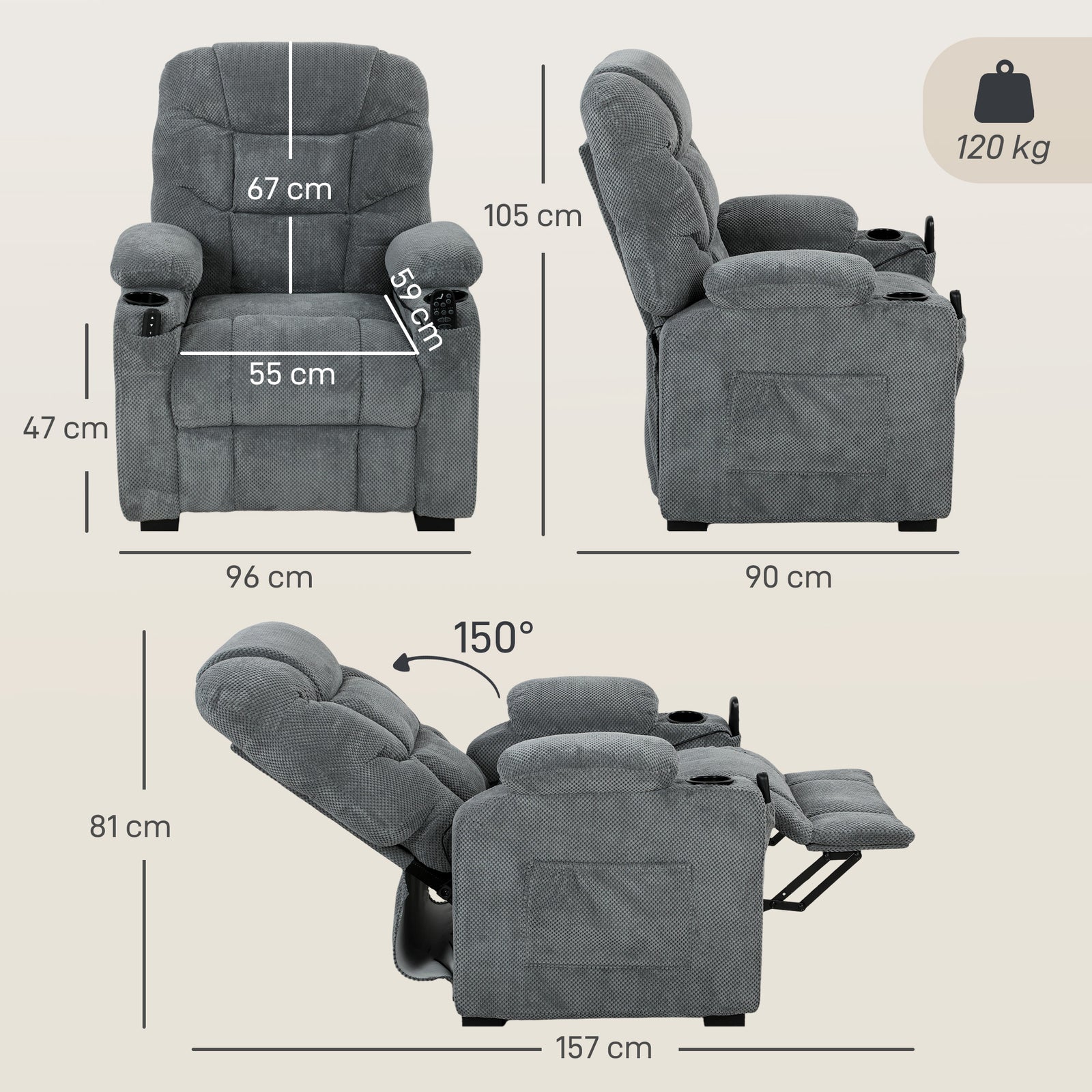 Recliner Armchair with Vibration Massage, Heat, Whisper-Quiet Motor, M