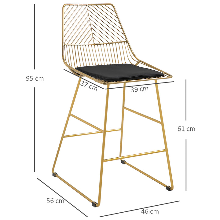 Set of 2 Bar Stools, Modern Counter Height Breakfast Bar Chairs with Wire Metal Frame for Kitchen, Dining Room, Gold