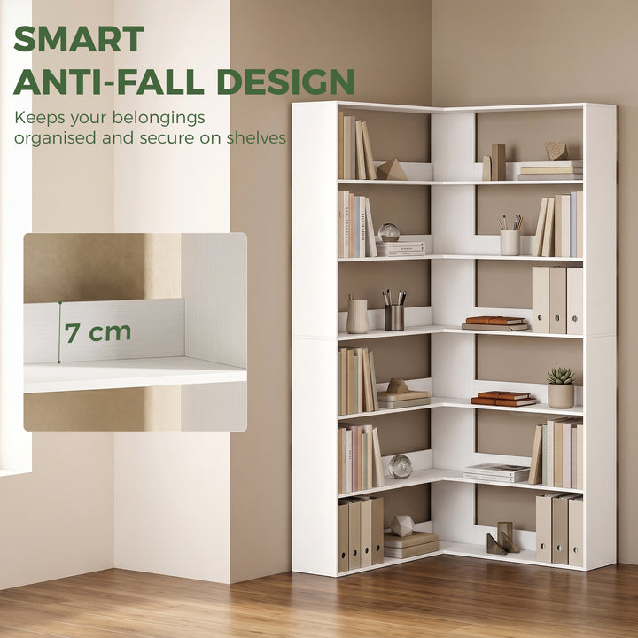 7 Tiers Bookshelf, L-Shaped Corner Bookcase with Anti-Slip Rear Guard,