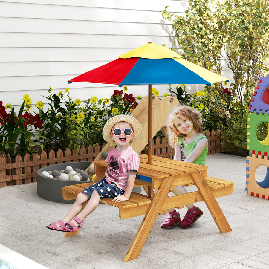 Kids Picnic Table Set, 3 in 1 Sand Pit Activity Table, Kids Garden Furniture w/ Removable Parasol, for 3-6 Years