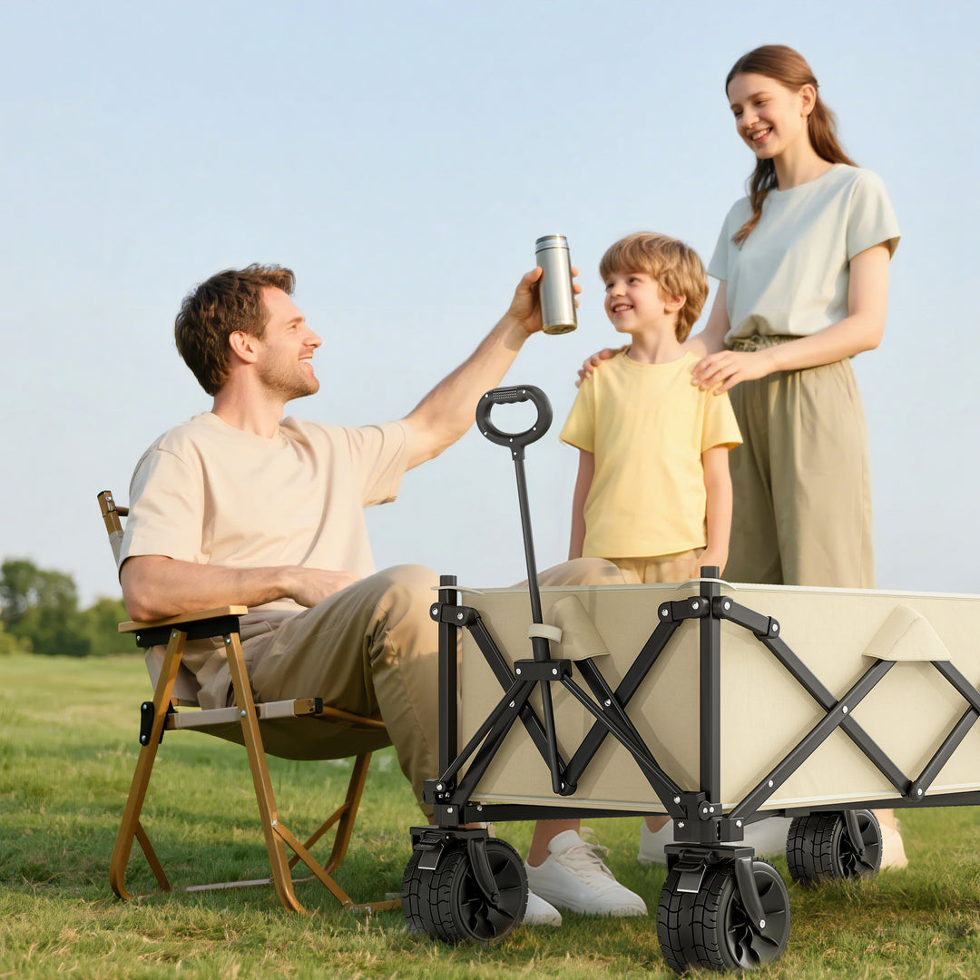 Folding Garden Trolley, Outdoor Wagon Cart with Carry Bag, for Beach, Camping, Festival, 120KG Capacity, Khaki