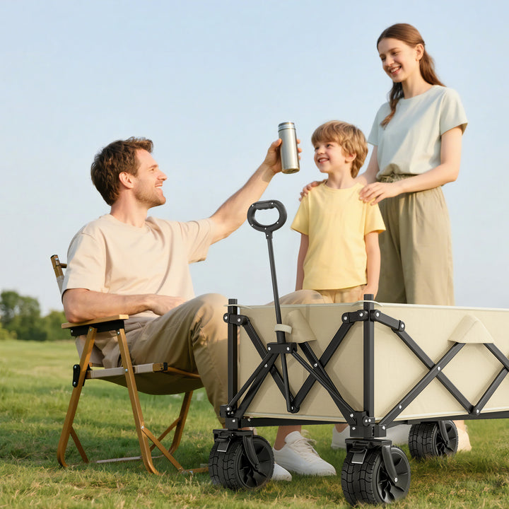 Folding Garden Trolley, Outdoor Wagon Cart with Carry Bag, for Beach, Camping, Festival, 120KG Capacity, Khaki