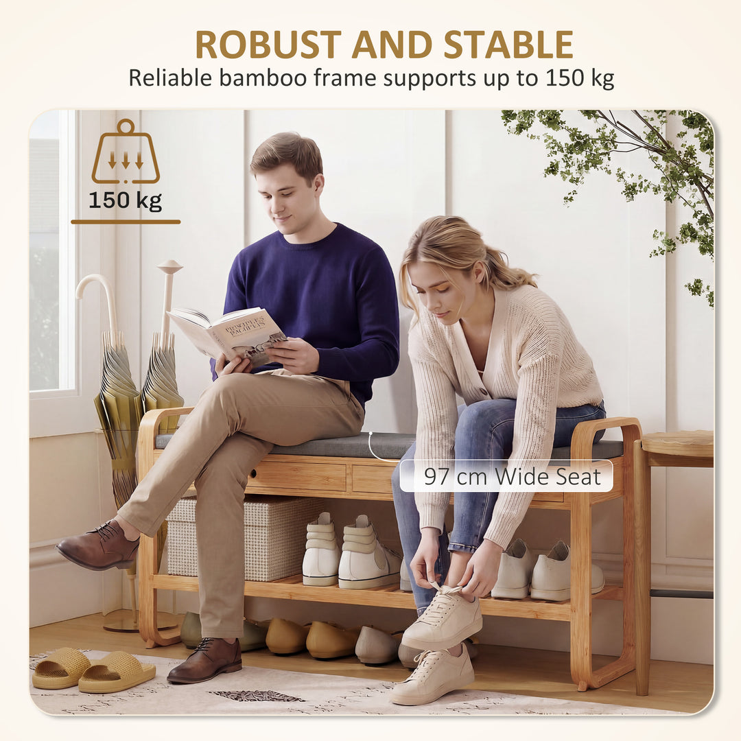 Shoe Bench with 2 Drawers Cushioned Seat Shoe Storage Bench for Hallwa