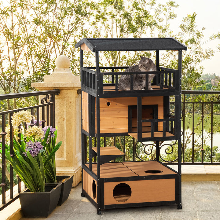 Wooden Outdoor Cat House, 3-Tier Cat Shelter with Tilted Roof, Terrace, Jump Step, Bottom Tray and Elevated Base, Waterproof Paint, Yellow