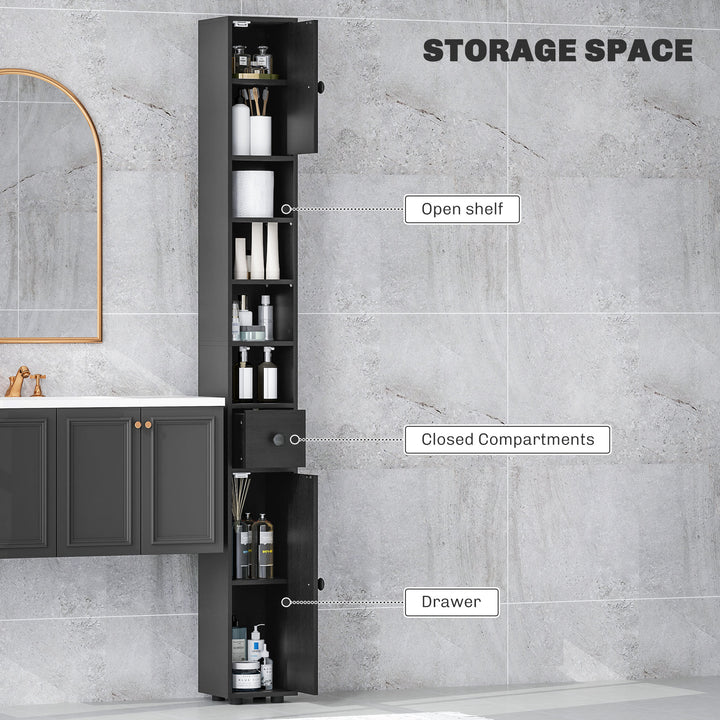 180cm Slim Bathroom Cabinet, with Drawer, Shelves and Cupboards - Black