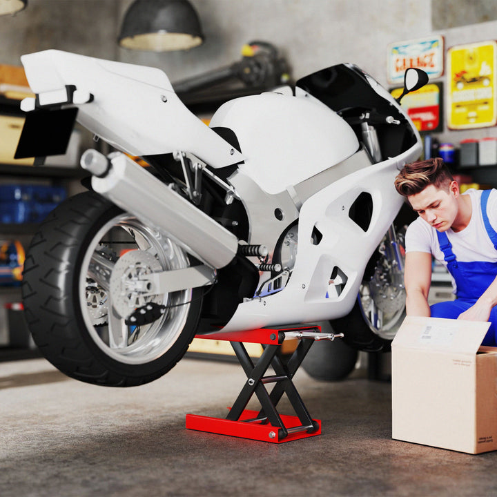 MCL 500KG Motorcycle Lift Scissor Jack, Height Adjustable Motorbike Stand with Anti-Slip Wide Deck, Heavy Duty Steel Motorbike Repair Lift Hoist Stand for Home Garage, Red