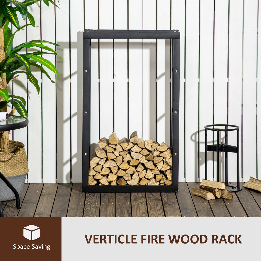 Metal Firewood Log Holder Tall Firewood Rack Indoor Outdoor Fireplace Wood Storage Shelf with Side Rails, Rust-Resistant, Black, 60W x 25D x 100H cm