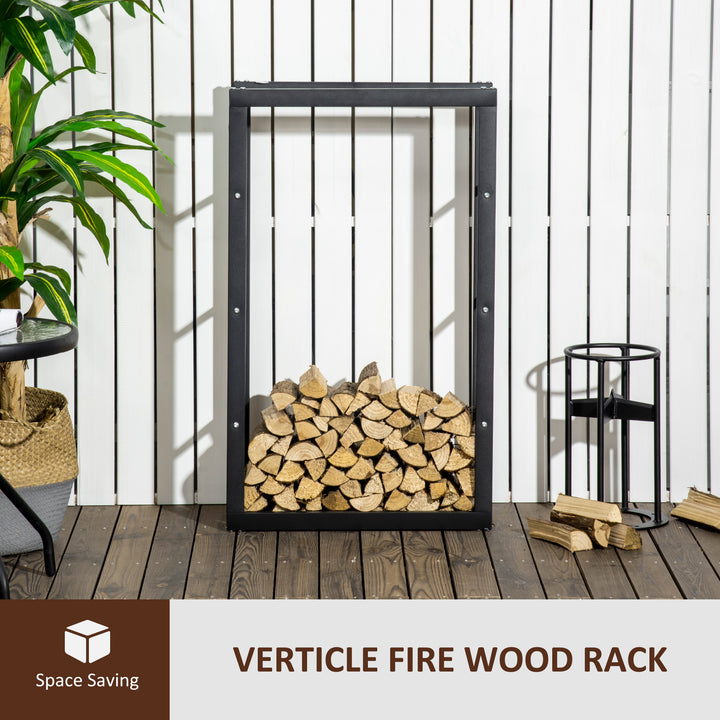 Metal Firewood Log Holder Tall Firewood Rack Indoor Outdoor Fireplace Wood Storage Shelf with Side Rails, Rust-Resistant, Black, 60W x 25D x 100H cm