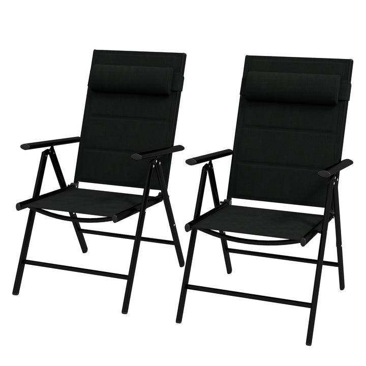 Outsunny Patio Folding Chairs Set of 2 with Adjustable Back, Garden Dining Chairs with Mesh Fabric Padded Seat & Headrest, Black | Aosom UK