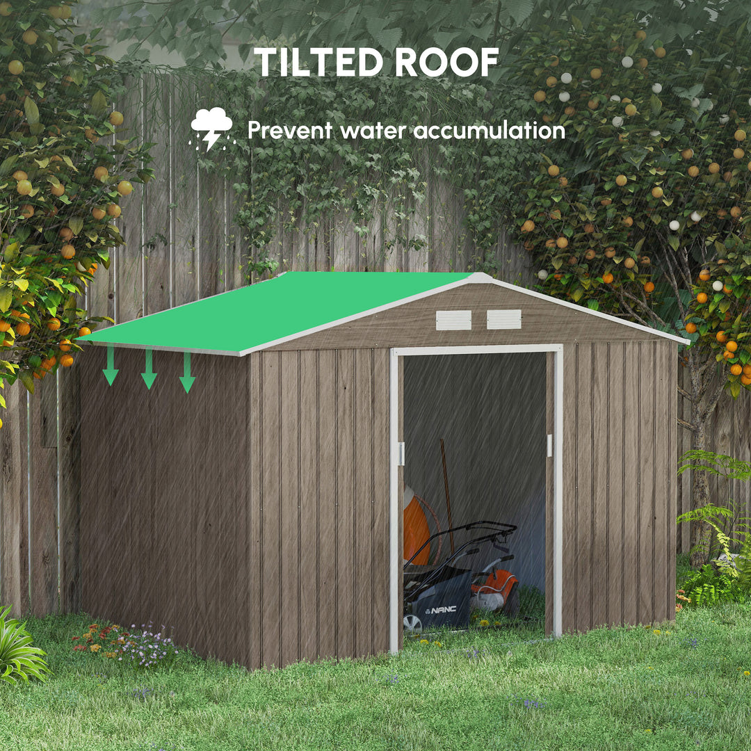 9 x 6ft Steel Garden Shed, Outdoor Storage Tool House with Vents, Foundation and Lockable Double Doors, Brown