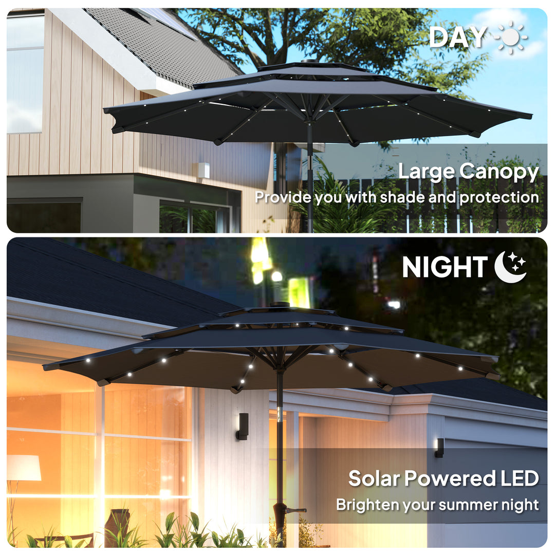 3-Tier Garden Parasol with Solar LED Lights, UPF 30+, Tilt Mechanism & Crank Handle, for Market Terrace, Dark Grey