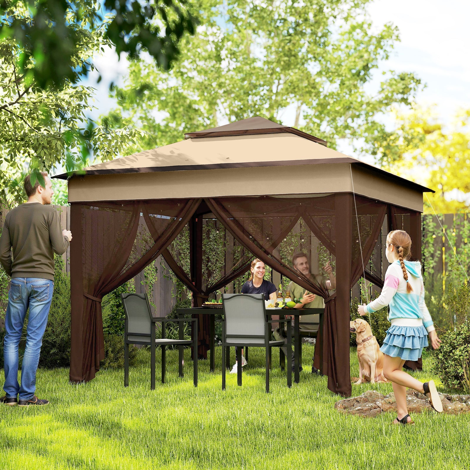 3 x 3(m) Pop Up Gazebo, Height Adjustable Instant Event Shelter with Netting and Carrying Bag, Beige