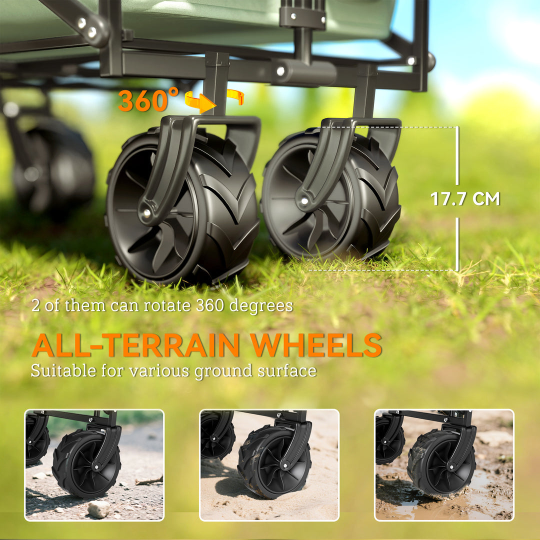 Folding Trolley Cart Storage Wagon Beach Trailer 4 Wheels with Handle Overhead Canopy Cart Push Pull for Camping, Green