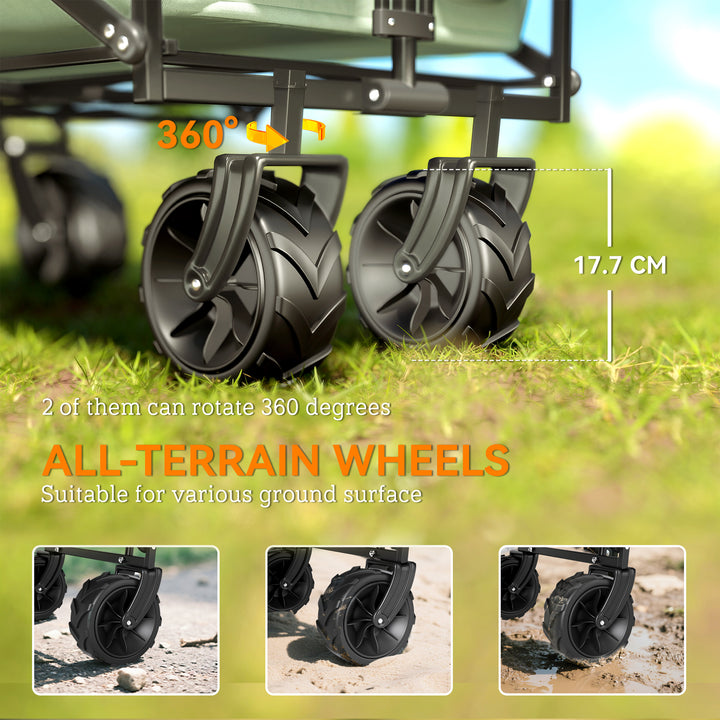 Folding Trolley Cart Storage Wagon Beach Trailer 4 Wheels with Handle Overhead Canopy Cart Push Pull for Camping, Green