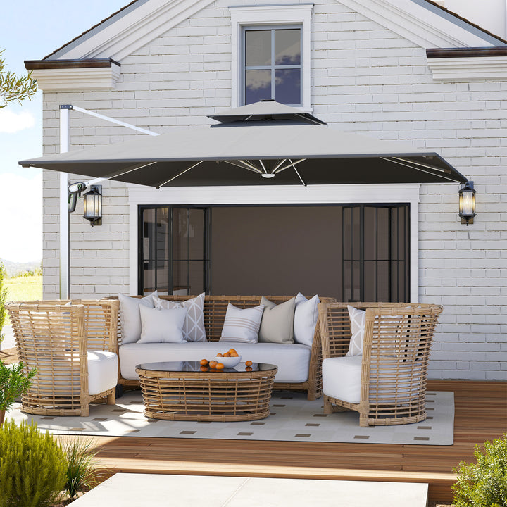 3(m) Garden Cantilever Parasol with Solar LED Lights, Cross Base, 360° Rotation, Crank Handle and Tilt, Grey