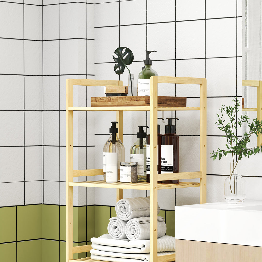 5-Tier Bamboo Bathroom Storage Shelf, Freestanding Shelving Unit with Adjustable Rack for Kitchen Bathroom Living Room, Natural Wood Finish