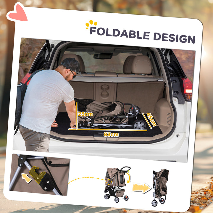 Dog Stroller, 3 Wheels Foldable Cat Dog Pram with Cup Holder, Storage Basket, Pet Stroller for Small Miniature Dogs, Brown
