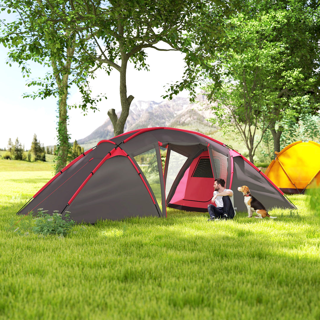 4-6 Man Family Camping Tent w/ 2 Bedrooms and a Living Room, Waterproof Tunnel Tent w/ Sewn In Groundsheet, Doors, Windows, Carry Bag, Grey