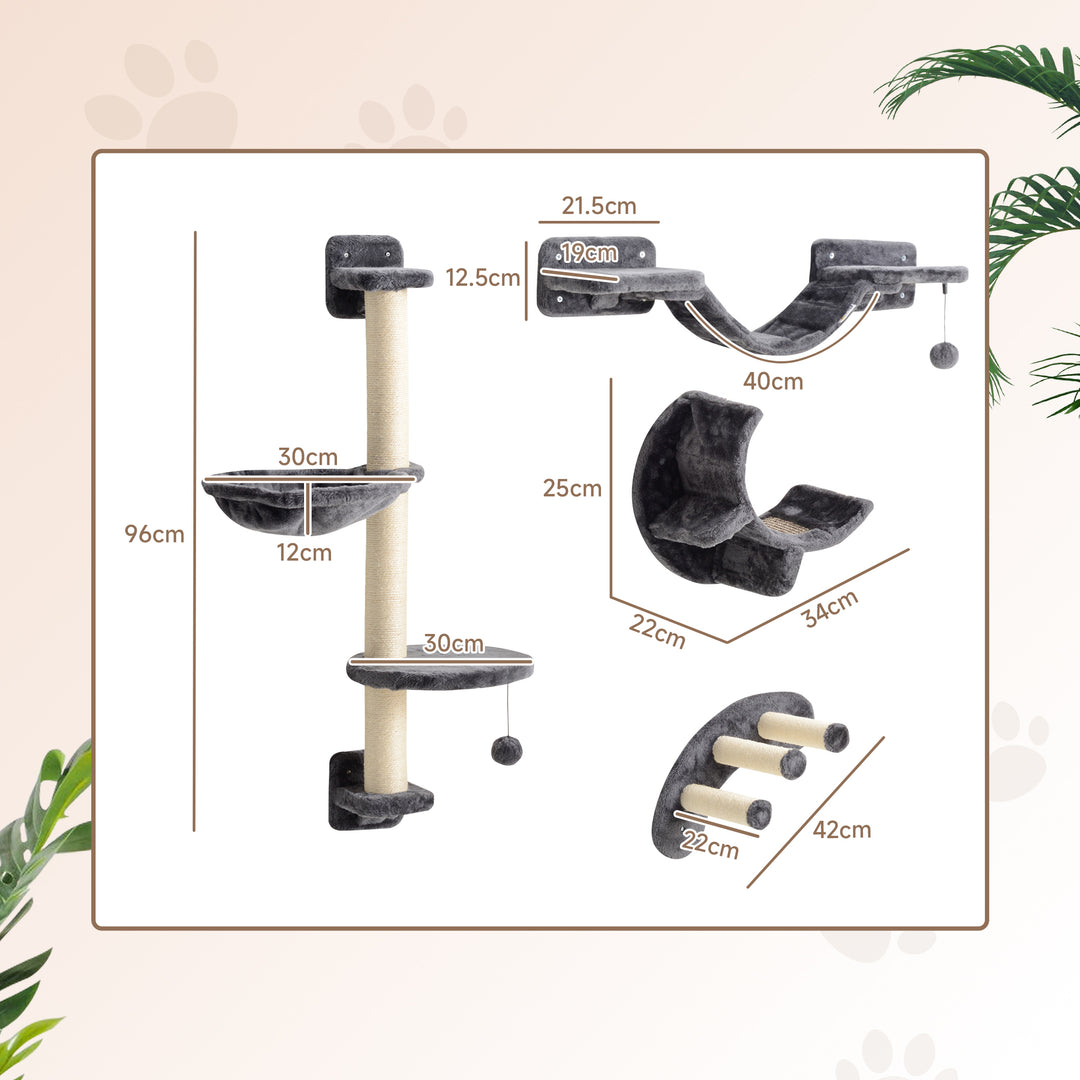 Four-Piece Cat Wall Furniture, with Hammock, Ladder, Platforms, Steps, for Indoor Use - Dark Grey