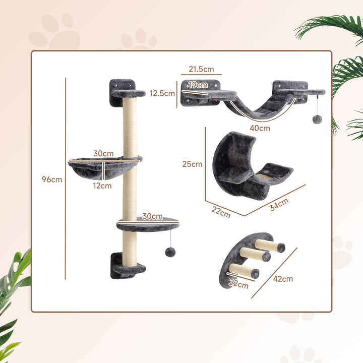 Four-Piece Cat Wall Furniture, with Hammock, Ladder, Platforms, Steps, for Indoor Use - Dark Grey