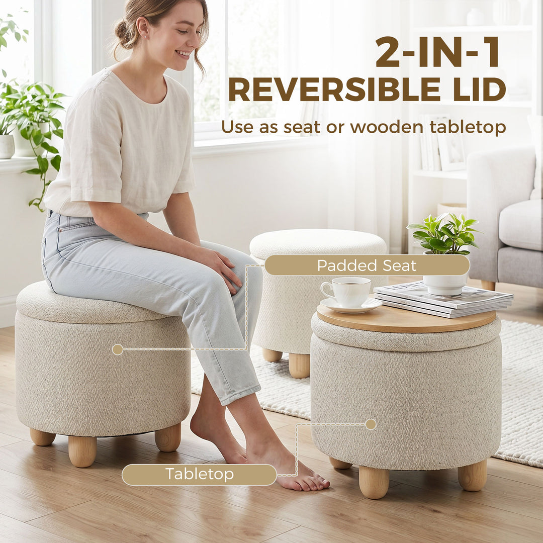 Storage Sitting Bench with Lid, Round Storage Ottoman with Rubberwood 