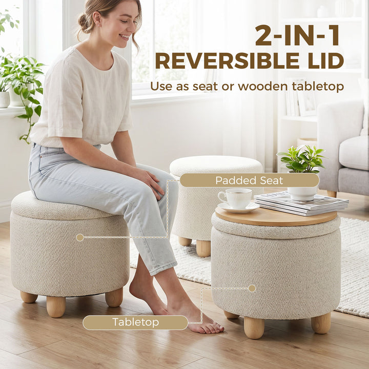 Storage Sitting Bench with Lid, Round Storage Ottoman with Rubberwood 